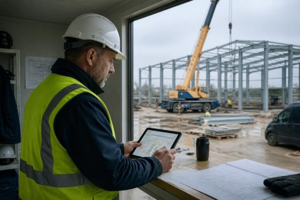 Byggeleder i sikkerhedsvest og hjelm gennemgår bemandingsplanen på en tablet i skurvognen, mens en kran rejser stålhallen udenfor