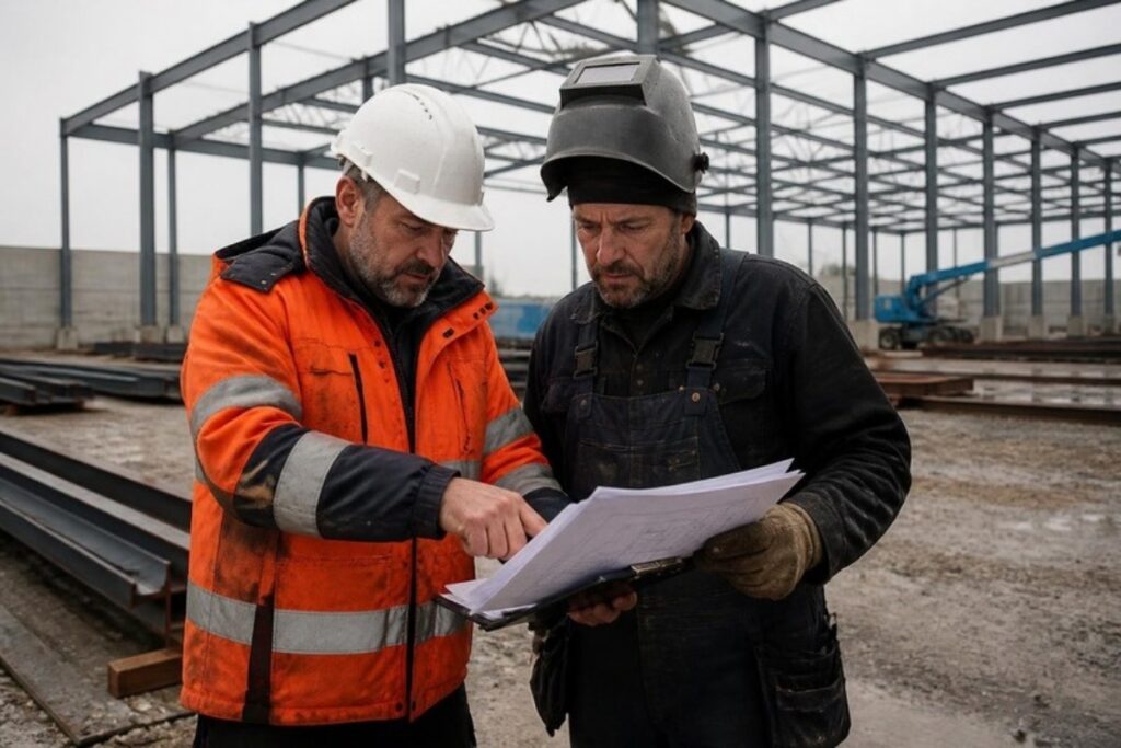 Entreprenør i sikkerhedsvest og hjelm gennemgår tegninger med en svejser foran en delvist rejst stålhal