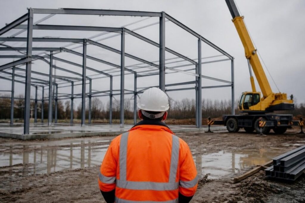 Byggeleder i sikkerhedsvest og hjelm set bagfra, mens han kigger ud over stålkonstruktionen til en ny industrihal med en kran ved siden