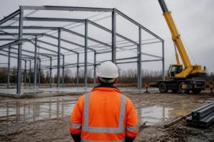 Byggeleder i sikkerhedsvest og hjelm set bagfra, mens han kigger ud over stålkonstruktionen til en ny industrihal med en kran ved siden