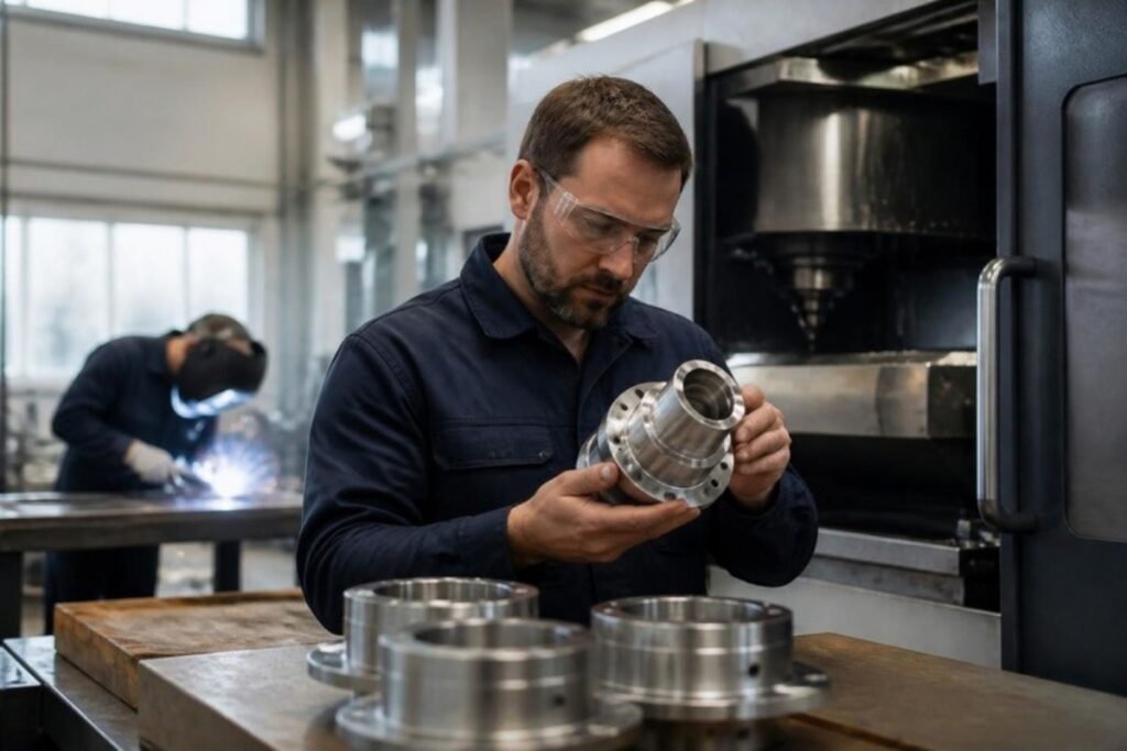 Faglært medarbejder kontrollerer et bearbejdet stålemne ved et CNC-bearbejdningscenter i en dansk produktionsvirksomhed, mens en svejser arbejder i baggrunden