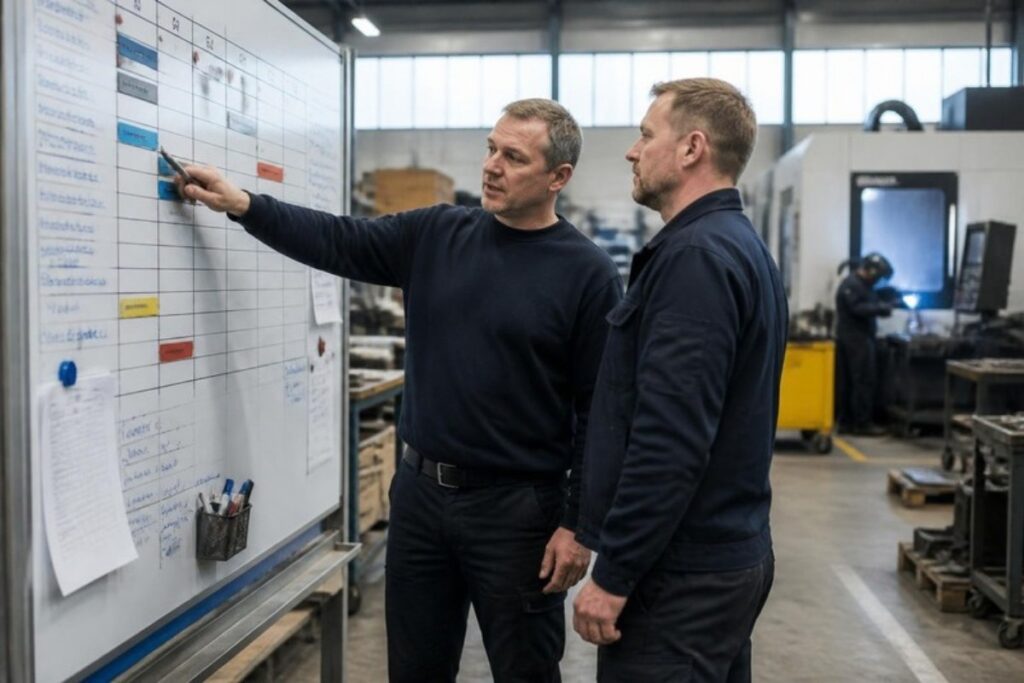 Produktionsplanlægger og værkfører planlægger ugens bemanding ved en tavle i en dansk maskinfabrik med CNC-maskiner i baggrunden