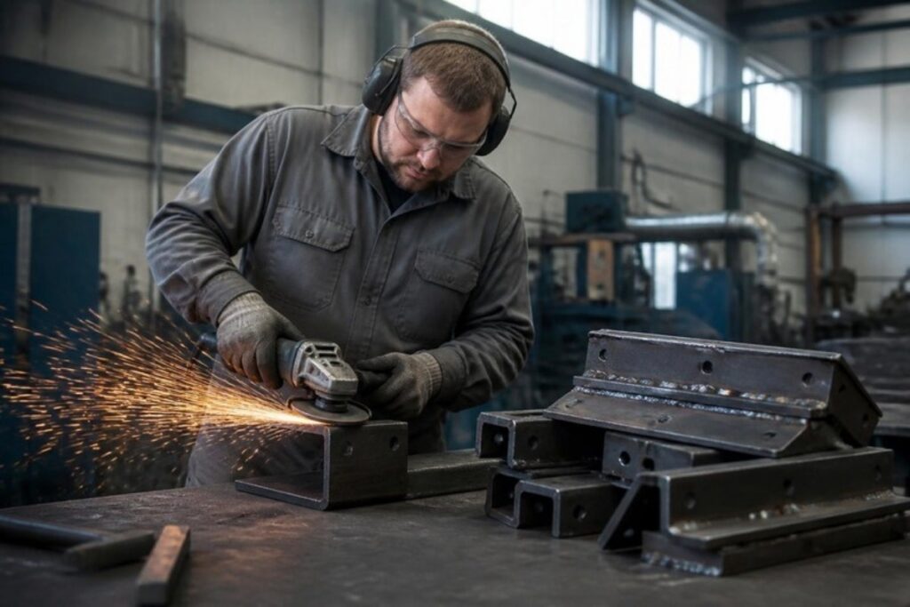 Produktionsmedarbejder sliber et stålemne med vinkelsliber, så gnisterne flyver, i et dansk metalværksted