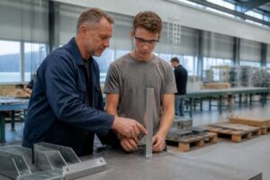Erfaren faglært viser en ung ufaglært produktionsmedarbejder, hvordan et stålemne monteres på arbejdsbordet i en industrihal
