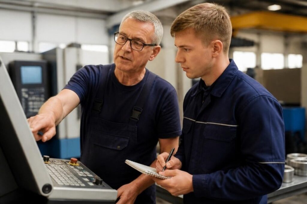 Erfaren CNC-operatør peger på maskinens skærm, mens en ny ufaglært medarbejder tager noter under sidemandsoplæring i en dansk produktionshal