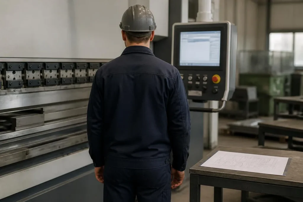 Bukkeoperatør i arbejdstøj og hjelm set bagfra ved kantpressens CNC-styring med en arbejdstegning på bordet ved siden af