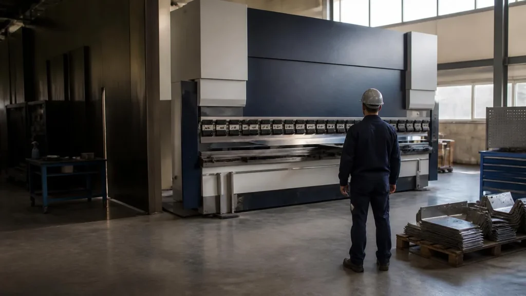 Bukkeoperatør i arbejdstøj og hjelm set bagfra foran en stor CNC-kantpresse i en dansk produktionshal med bukkede emner på en palle