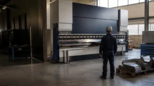 Bukkeoperatør i arbejdstøj og hjelm set bagfra foran en stor CNC-kantpresse i en dansk produktionshal med bukkede emner på en palle