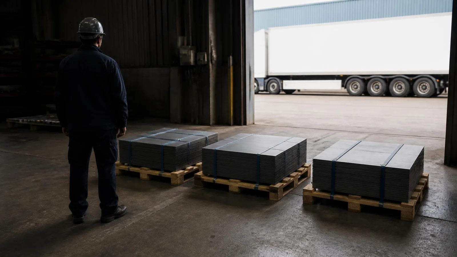 Medarbejder i arbejdstøj og hjelm set bagfra i en produktionshal med tre paller stålplader klar til afsendelse og en lastbil ved den åbne port