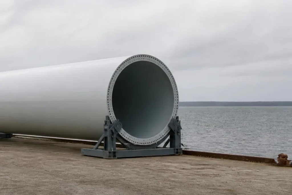 Hvid tårnsektion til en vindmølle liggende på en stålbuk på en kaj ved havet en overskyet dag